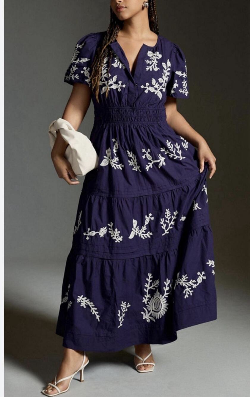 Anthropologie The Somerset Maxi Dress Navy Blue Embroidered Poplin Plus Size 2X
